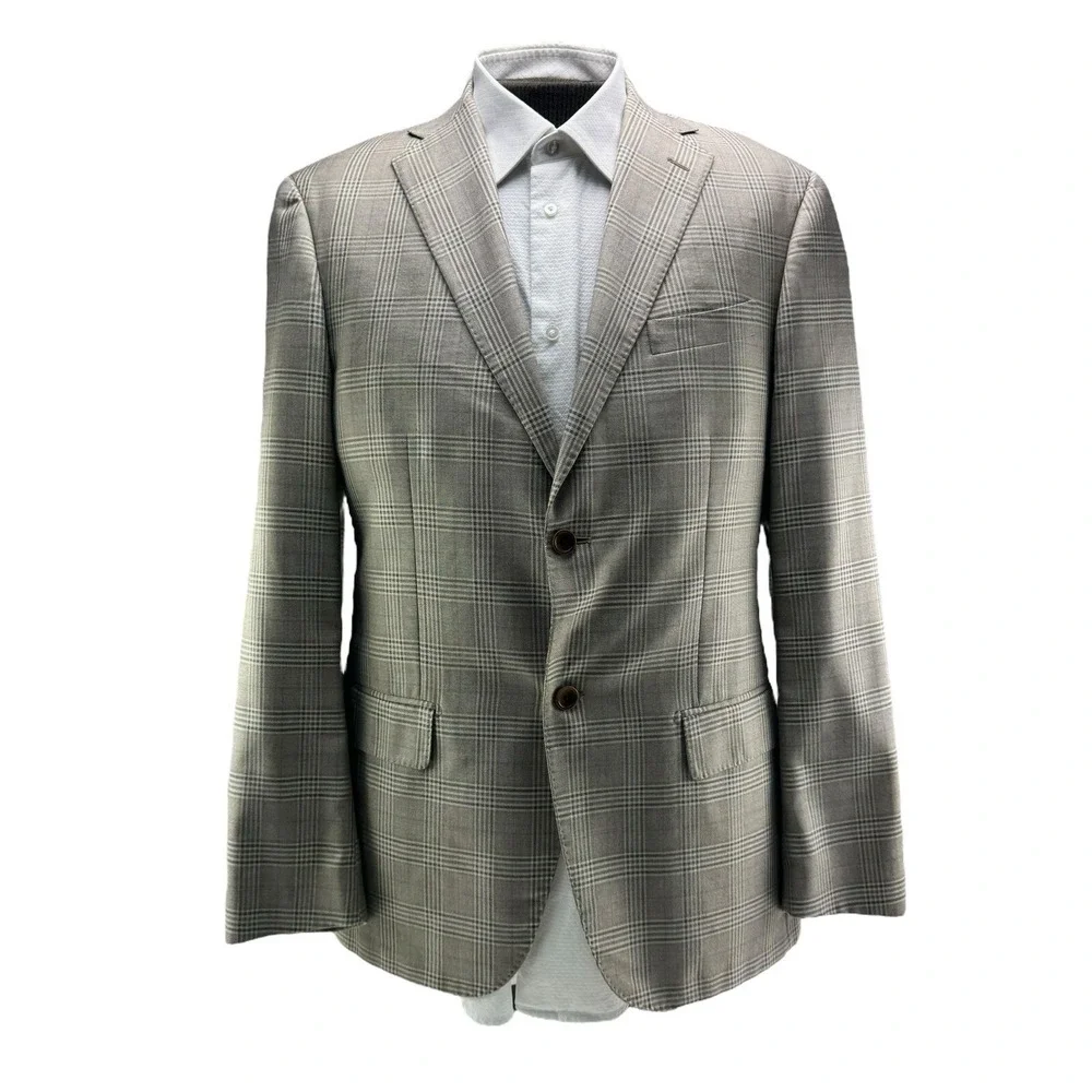 Napoli di Nordstrom Brown & Blue Plaid EThomas Wool Silk Blazer Mens‎ Size 42L